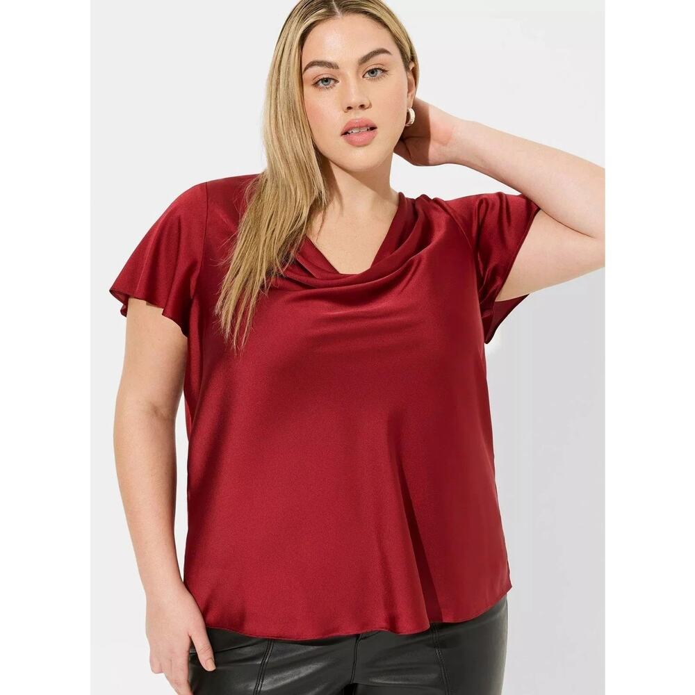 NWT- Torrid Satin Cowl Neck Short Flutter Sleeve Blouse Red- Size 3 (22/24)